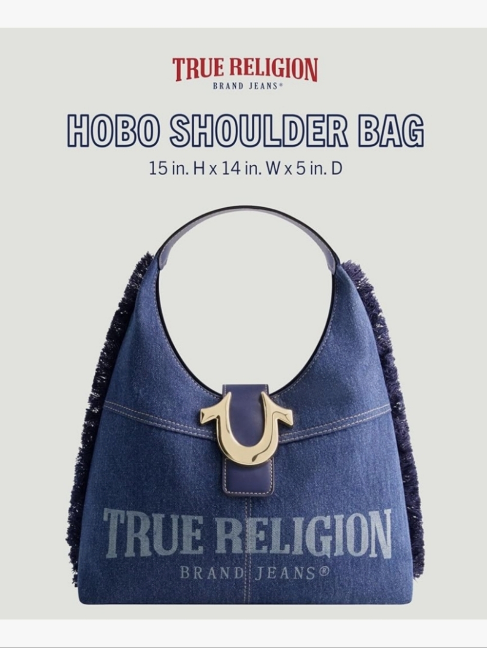 True Religion Denim Hobo Bag in Dark Blue with Gold Horseshoe, NWT - Picture 3 of 7